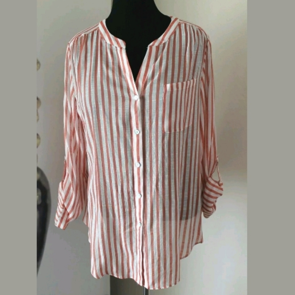 Zac & Rachel Striped Button Down Semi Sheer Long‎ T